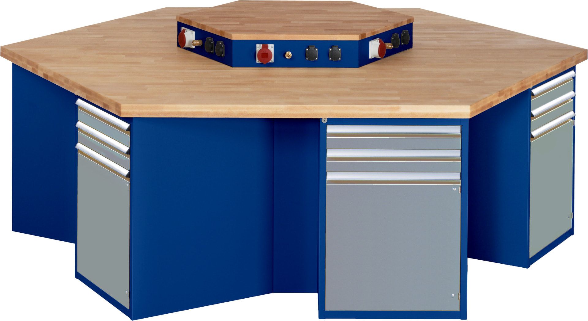 Gruppenwerkbank, Buche, Höhe 840 mm, mit Energieaufsatz, Unterbau-Container, 2 Schubladen, 1 Tür, 1 Boden - Anthrazitgrau