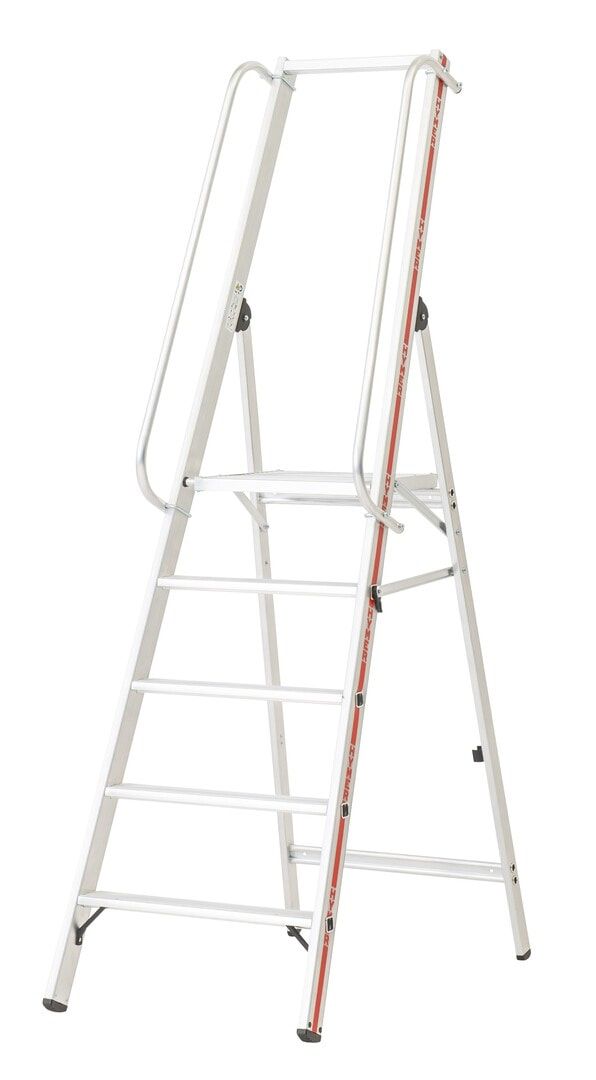 Plattformleiter mit langem Handlauf, Aluminium, Stehleiter, ohne Rollen, Rutschhemmung R11, Leiterlänge 2.100 mm, 4 Stufen, Traglast 150 kg, Hymer
