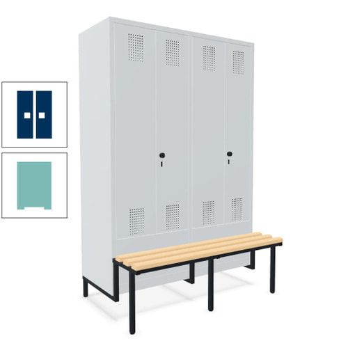 Doppel-Spind, Garderobenschrank, Buche Sitzbank integriert, 4 Abteile 300 mm, Korpus anthrazitgrau, Tür anthrazitgrau, 1.850 x 1.200 x 815 mm (HxBxT)