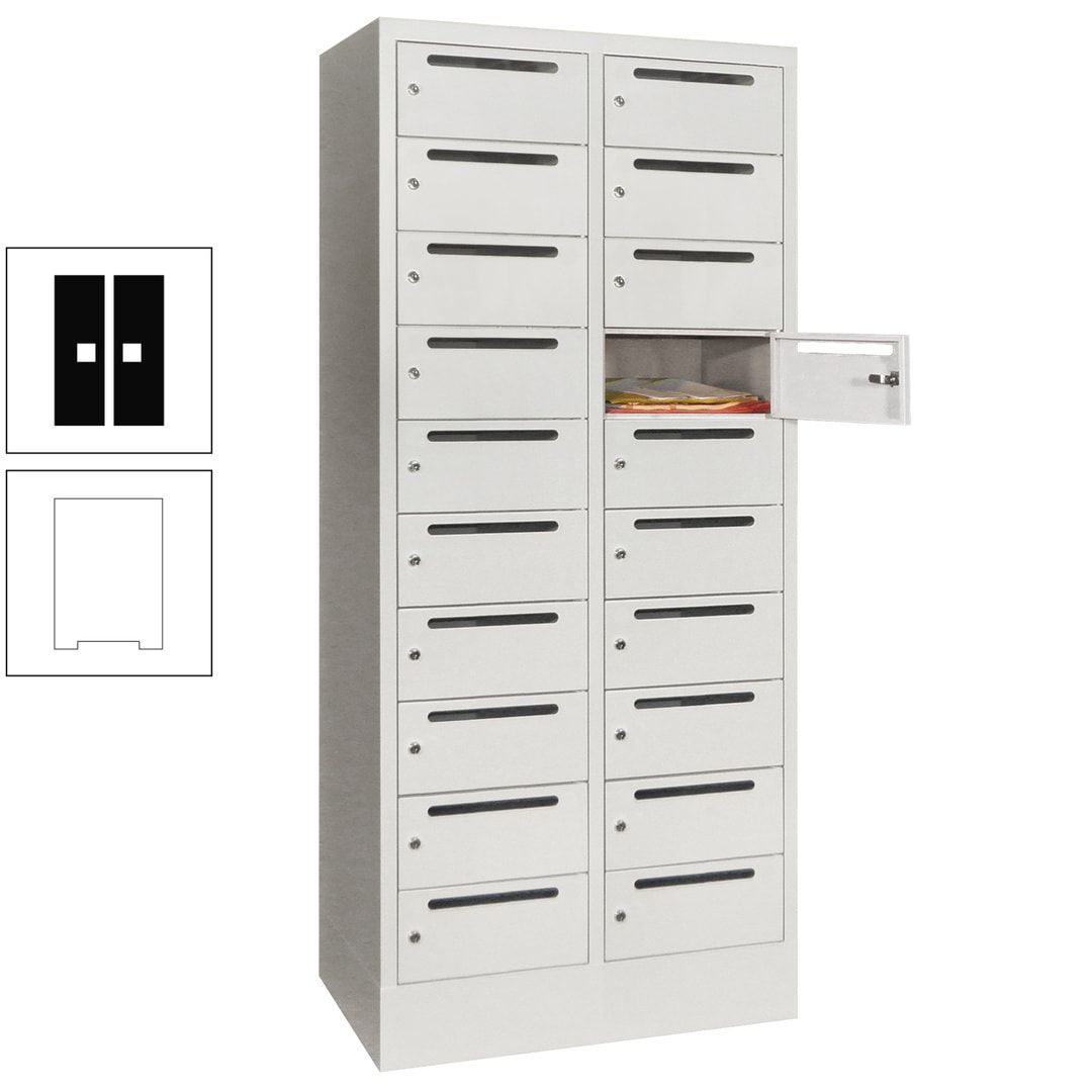 Postverteilerschrank, Schließfachschrank, 2 Abteile a 400 mm, 20 Fächer, 1.850 x 800 x 500 mm (HxBxT), Korpus anthrazitgrau, Front anthrazitgrau