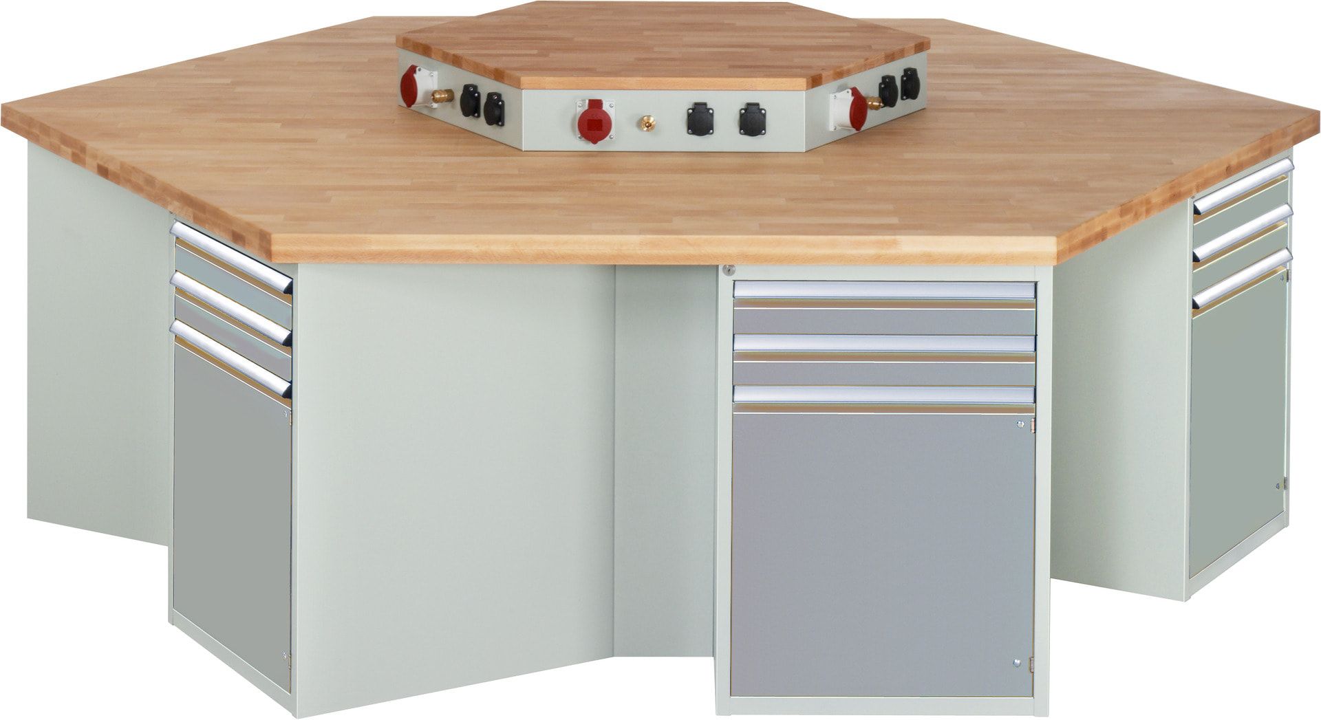 Gruppenwerkbank, Buche, Höhe 840 mm, mit Energieaufsatz, Unterbau-Container, 2 Schubladen, 1 Tür, 1 Boden - Anthrazitgrau