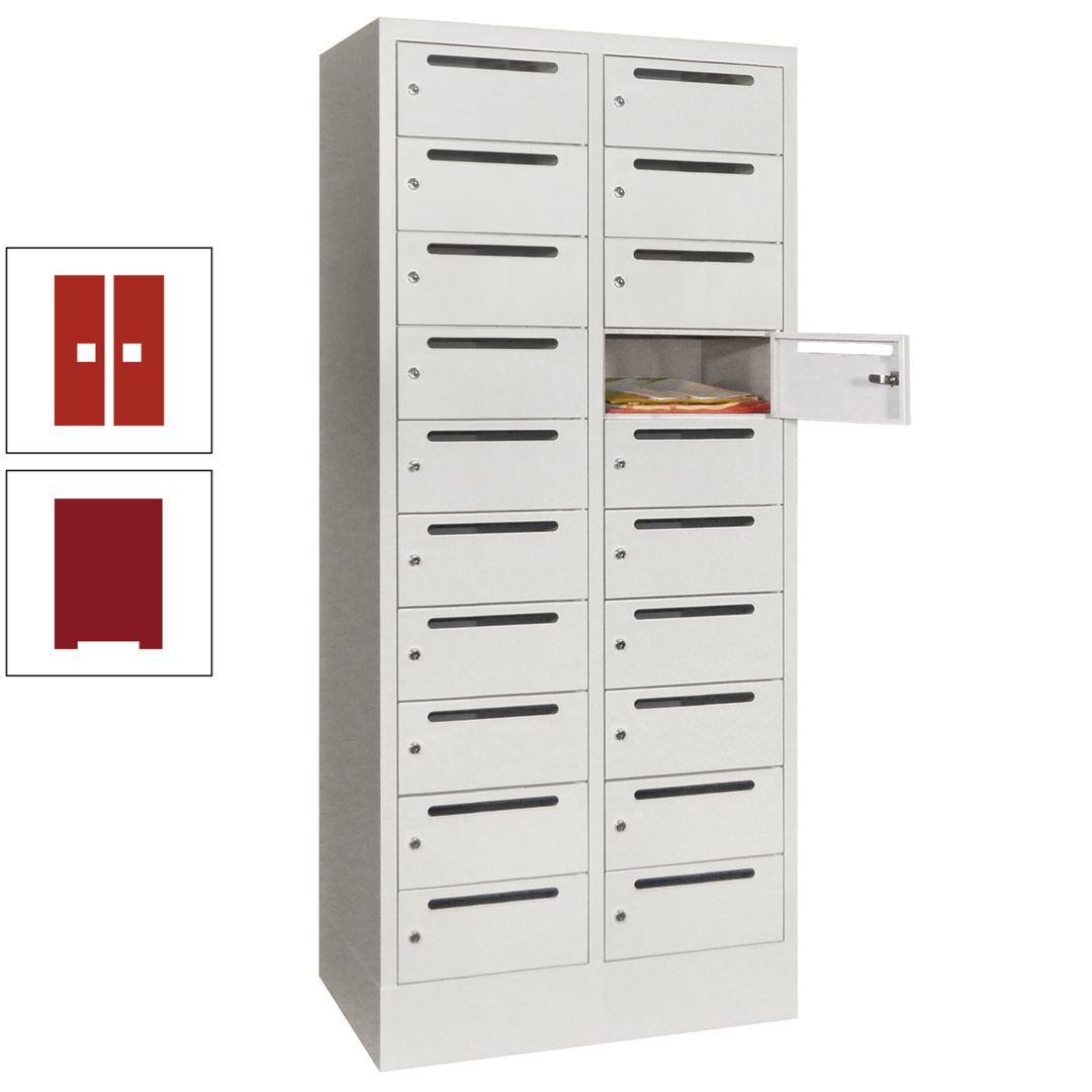 Postverteilerschrank, Schließfachschrank, 2 Abteile a 400 mm, 20 Fächer, 1.850 x 800 x 500 mm (HxBxT), Korpus anthrazitgrau, Front anthrazitgrau