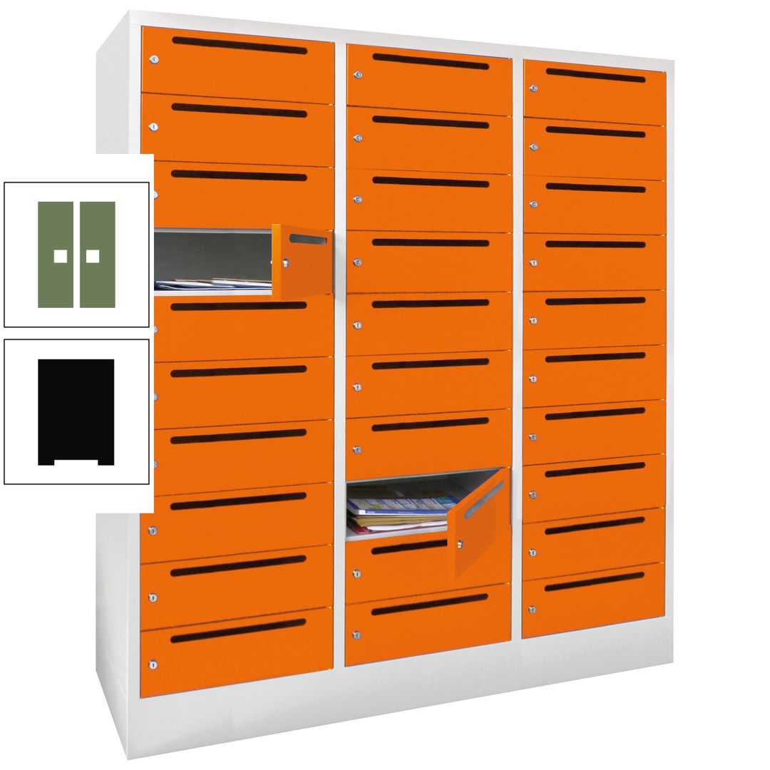Postverteilerschrank, Schließfachschrank, 3 Abteile a 40 cm, 30 Fächer, 1.850 x 1.200 x 500 mm (HxBxT), Korpus anthrazitgrau, Front anthrazitgrau