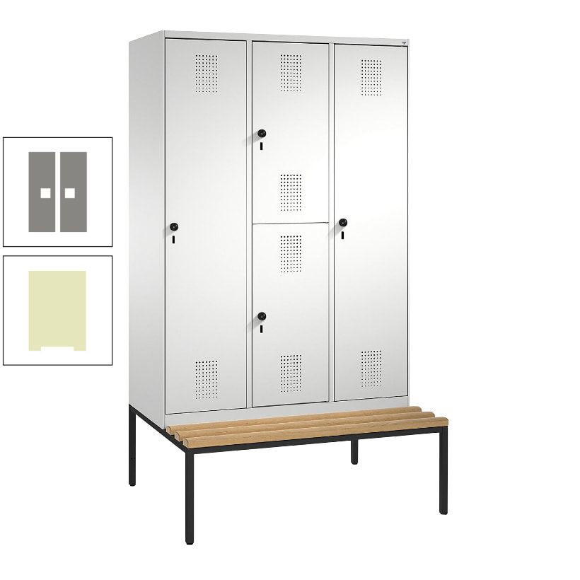 Garderobenschrank, Spind ein- und doppelstöckig Sitzbank, 3 Abteile, 4 Fächer, 2.090x1.200x500 mm (HxBxT), Front anthrazitgrau, Korpus anthrazitgrau