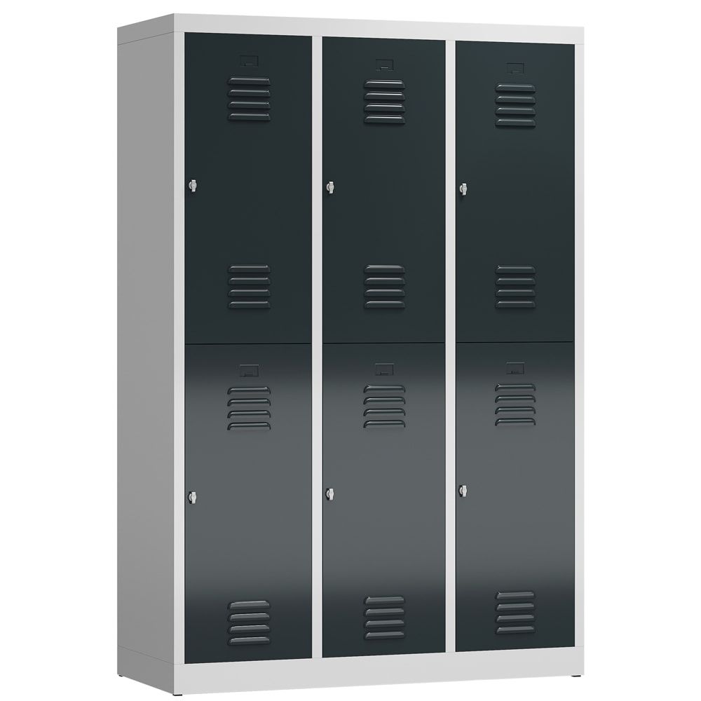 Garderobenschrank, Doppelstockspind, 3 Abteil, 6 Fächer, 1.800 x 1.185 x 500 mm (HxBxT), Drehriegel, Stahl, Korpus: lichtgrau, Front: anthrazitgrau