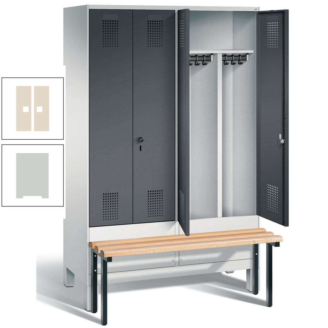 Doppel-Spind, Garderobenschrank, Buche Sitzbank vorgebaut, 4 Abteile a 300 mm, Korpus feuerrot, Tür Wasserblau, 1.850 x 1.200 x 815 mm (HxBxT)