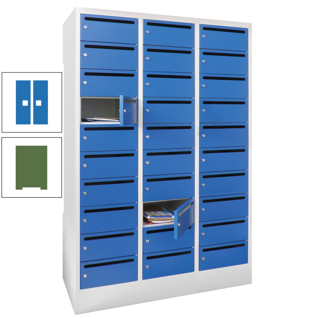 Postverteilerschrank, Schließfachschrank, 3 Abteile a 300 mm, 30 Fächer, 1.850 x 900 x 500 mm (HxBxT), Korpus anthrazitgrau, Front anthrazitgrau
