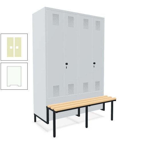 Doppel-Spind, Garderobenschrank, Buche Sitzbank integriert, 4 Abteile 300 mm, Korpus anthrazitgrau, Tür anthrazitgrau, 1.850 x 1.200 x 815 mm (HxBxT)