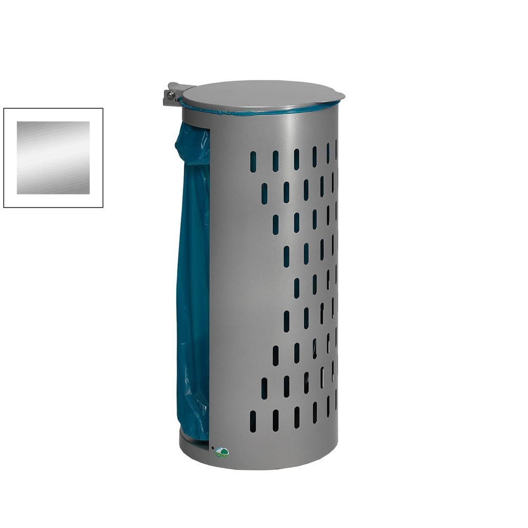 Müllsackhalter - mit Klapptür - gelochter Korpus - rund - Volumen 80 l - 850 x 380 x 440 mm (HxBxT) - Antik silber