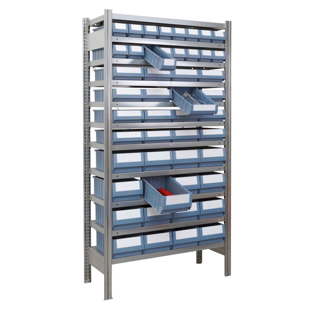 Kleinteileregal - Anbauregal 48 Kästen - 11 Böden - 150 kg - 2.000 x 1.005 x 300 mm (HxBxT) - erweiterbar - verzinkt - Steckregal BERT