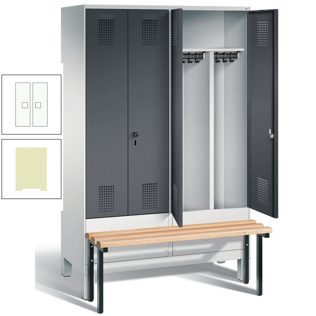 Doppel-Spind, Garderobenschrank, Buche Sitzbank vorgebaut, 4 Abteile a 300 mm, Korpus feuerrot, Tür Wasserblau, 1.850 x 1.200 x 815 mm (HxBxT)