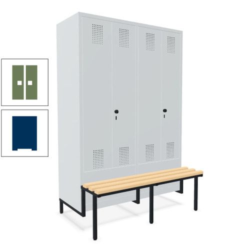 Doppel-Spind, Garderobenschrank, Buche Sitzbank integriert, 4 Abteile 300 mm, Korpus anthrazitgrau, Tür anthrazitgrau, 1.850 x 1.200 x 815 mm (HxBxT)