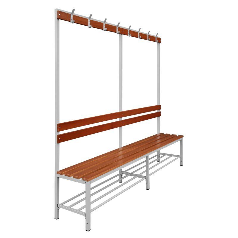 Umkleidebank, Umkleide-Sitzbank, Schuhrost, Haken, Breite 1.200 mm, Sitzhöhe 400 mm, Stahl mit Holzleisten, Gestell: lichtgrau, Sitzleisten: Buche