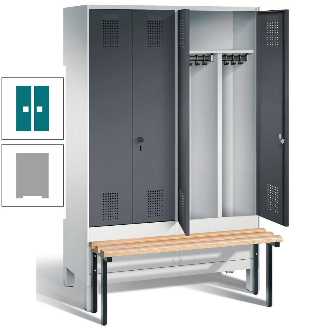 Doppel-Spind, Garderobenschrank, Buche Sitzbank vorgebaut, 4 Abteile a 300 mm, Korpus feuerrot, Tür Wasserblau, 1.850 x 1.200 x 815 mm (HxBxT)