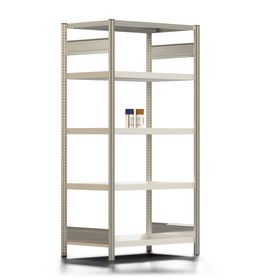 Umweltregal. Kleingebinderegal mit 4 Fachwannen a 20 Liter, 2.000 x 1.005 x 626 mm (HxBxT), 5 Ebenen, erweiterbar, verzinkt, Steckregal BERT