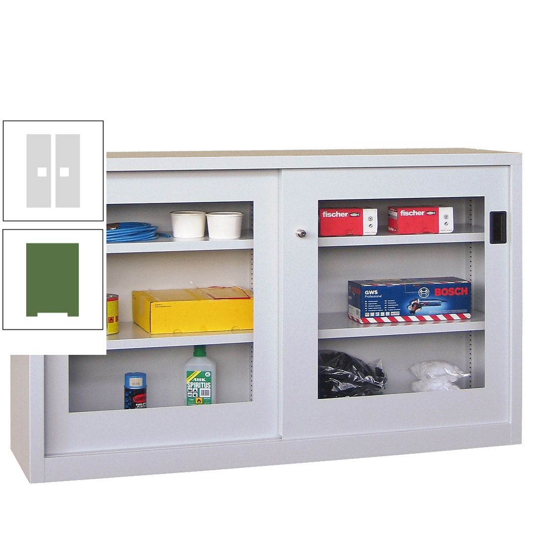 Schiebetürenschrank - Sichtfenstertüren - 1.000x1.500x600 mm (HxBxT) - 4 Böden, verzinkt - Zylinderschloss - anthrazitgrau
