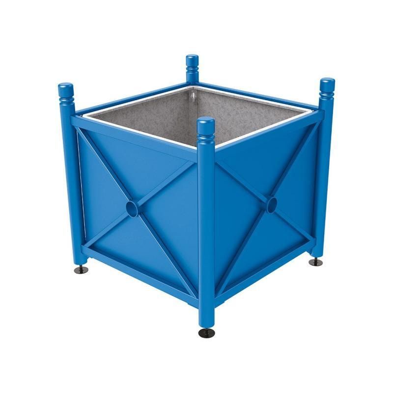 Pflanzbehälter, fvz.Stahl, innen feuerverzinkt, Verladungsgriffe, verstellbare Füße, Kopf Agora, 900 x 1.000 x 1.000 mm (HxBxT), enzianblau