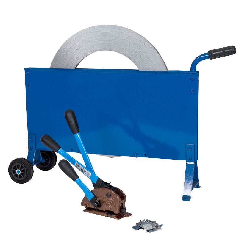 Umreifungs-Set - Stahlband - Bandbreite 13 mm - Stahlbandspanner - Abrollwagen - Bandlänge 800 m