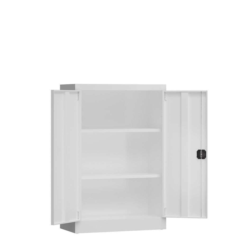 Aktenschrank, Büroschrank, abschließbar, Flügeltüren, 2 Fachböden, 1.200 x 800 x 380 mm (HxBxT), Stahl, Korpus und Türen lichtgrau