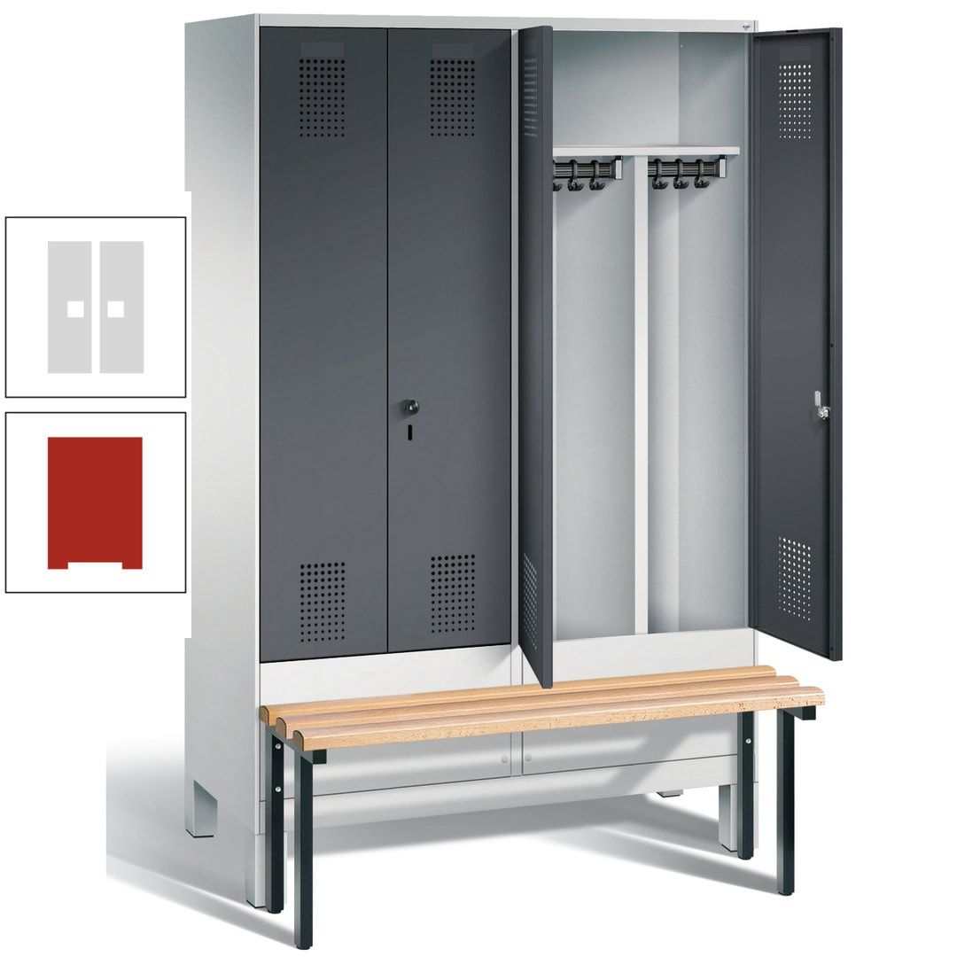 Doppel-Spind, Garderobenschrank, Buche Sitzbank vorgebaut, 4 Abteile a 300 mm, Korpus feuerrot, Tür Wasserblau, 1.850 x 1.200 x 815 mm (HxBxT)