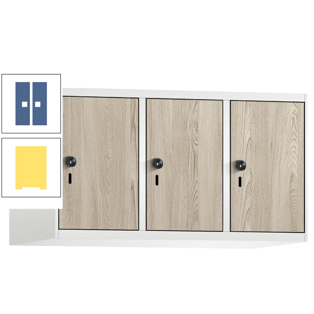 Aufsatzschrank, Schrankaufsatz, 3 Fächer a 300 mm, Farbe Pastellgelb, Tür anthrazitgrau, 500 x 900 x 500 mm (HxBxT)