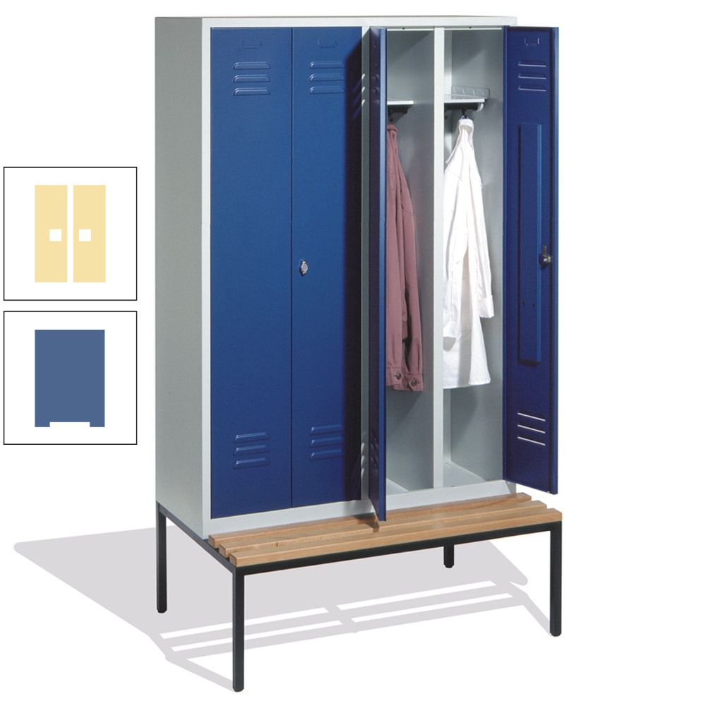 Doppel-Spindschrank, Buche Sitzbank untergebaut, 4 Abteile a 300 mm, Korpus lichtgrau, Tür anthrazitgrau, 2.090 x 1.190 x 815 mm (HxBxT)
