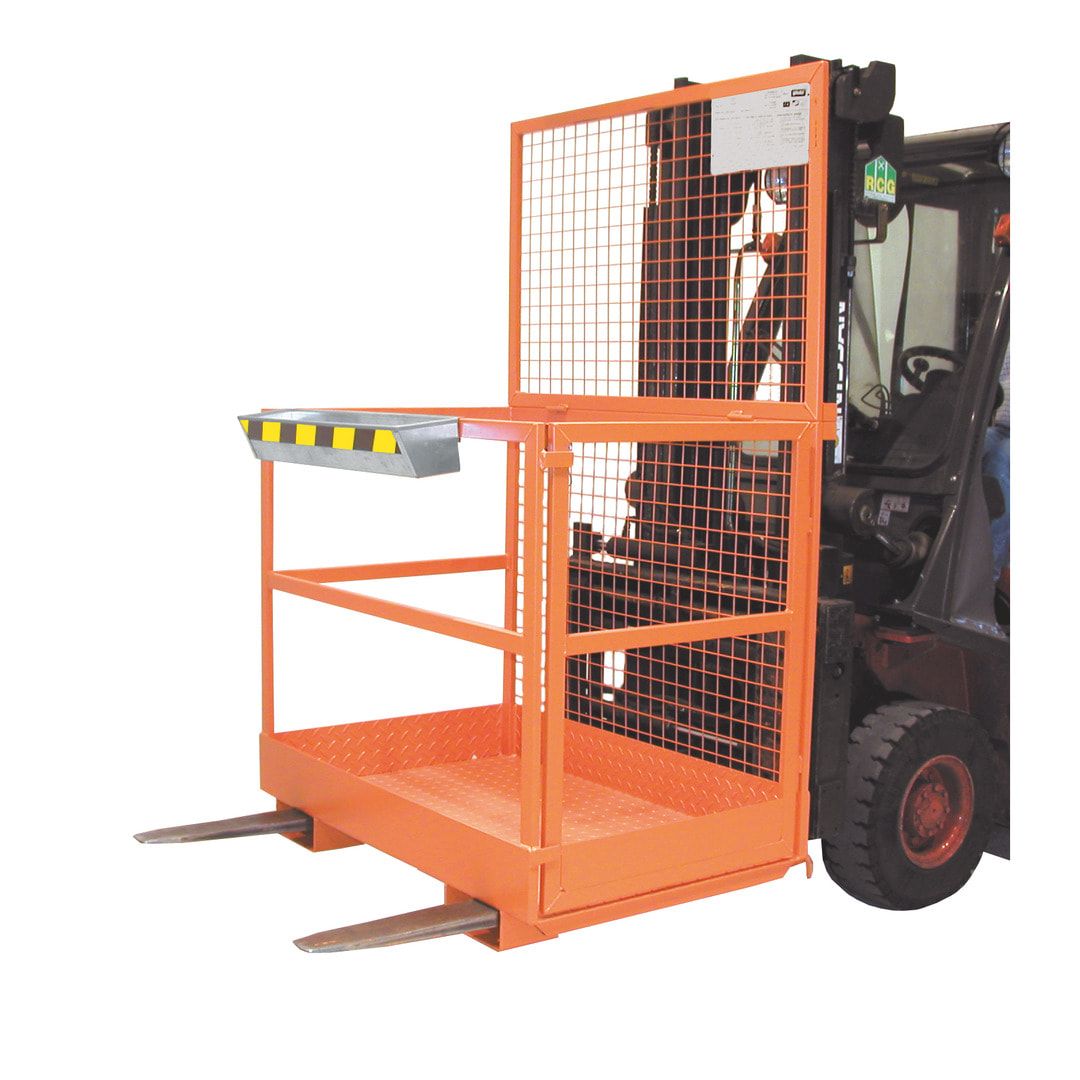 BAUER Arbeitsbühne für Gabelstapler und Frontlader - Montagekorb - Arbeitskorb - 300 kg - Einfahrposition Längsseite - gelborange