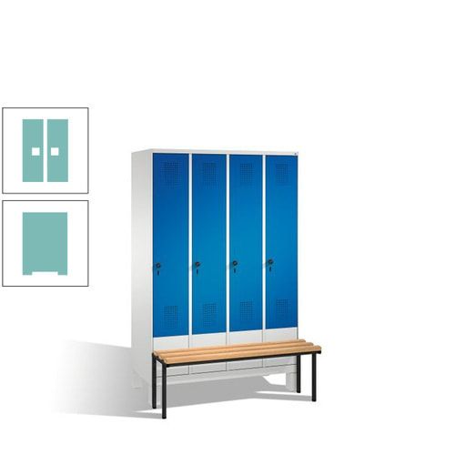 Stahl-Garderobenschrank, Spind, Buche Sitzbank vorgebaut, 4 Abteile a 300 mm, Korpus Lichtgrün, Tür Schwefelgelb, 1.850 x 1.200 x 815 mm (HxBxT)