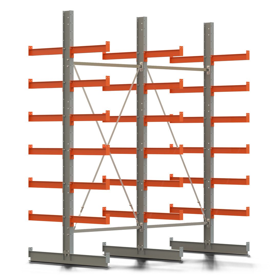 Doppelseitiges Kragarmregal, 2 Felder, 3.000 x 2.560 x 1.120 mm (HxBxT), Nutztiefe 500 mm, Kragarmlast 870 kg, KARL basic, silbergrau/reinorange