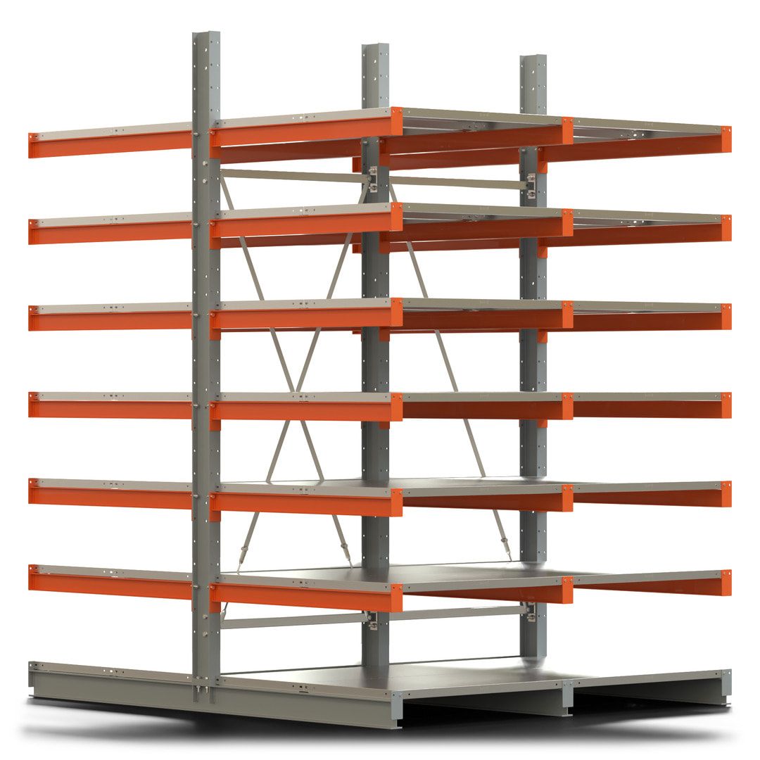Doppelseitiges Kragarmregal mit Fachböden, 2 Felder, 3.000 x 2.000 (HxB), Nutztiefe 1.000 mm, Kragarmlast 450 kg, KARL basic, silbergrau/reinorange