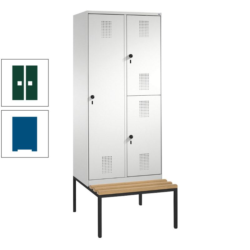 Garderobenschrank, Spind ein- und doppelstöckig Sitzbank, 2 Abteile, 3 Fächer, 2.090 x 800 x 500 mm (HxBxT), Front anthrazitgrau, Korpus anthrazitgrau