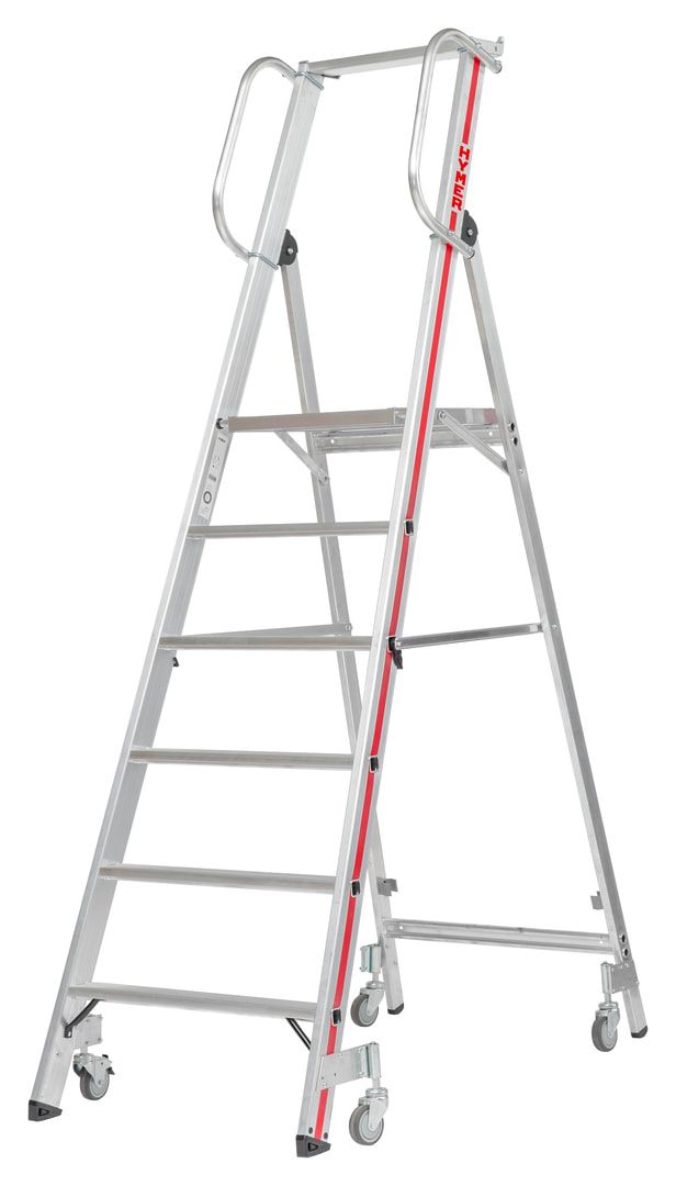 Plattformleiter mit kurzem Handlauf, Alu, vier schwenkbare Federrollen, Rutschhemmung R11, Leiterlänge 1.950 mm, 4 Stufen, Traglast 150 kg, Hymer