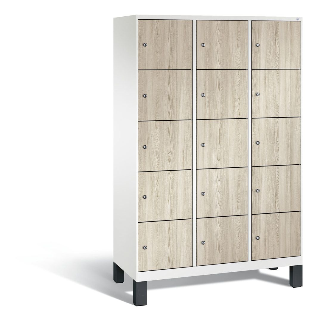 Garderobenschrank, Spindschrank auf Füßen, 3 Abteile, 15 Fächer, 1.850 x 1.200 x 500 mm (HxBxT), Dekorfront HPL Donau-Ahorn, Korpus anthrazitgrau