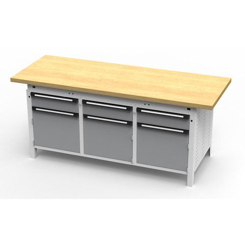 OTTOKIND Werkbank - bündige Arbeitsplatte - 850 x 1.695 x 750 mm (HxBxT) - 3 Schubladen - 3 Schränke - lichtgrau