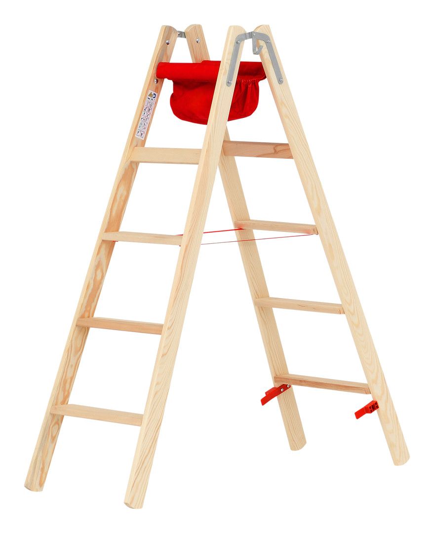 Holz-Stufenstehleiter, beidseitig begehbar, Textiltasche, Eimerhaken, Perlongurte, 1.240 x 473 mm (LxB), 2 x 4 Stufen, 8 kg, Stufentiefe 80 mm, Hymer