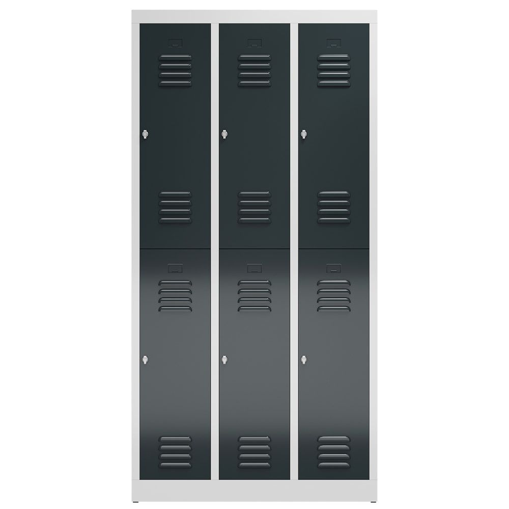 Garderobenschrank, Doppelstockspind, 3 Abteil, 6 Fächer, 1.800 x 870 x 500 mm (HxBxT), Stahl, Drehriegel, Korpus: lichtgrau, Front: anthrazitgrau