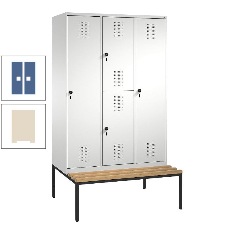 Garderobenschrank, Spind ein- und doppelstöckig Sitzbank, 3 Abteile, 4 Fächer, 2.090x1.200x500 mm (HxBxT), Front anthrazitgrau, Korpus anthrazitgrau