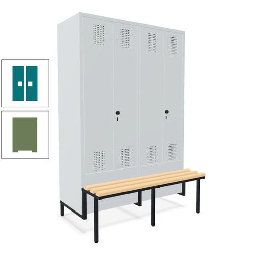 Doppel-Spind, Garderobenschrank, Buche Sitzbank integriert, 4 Abteile 300 mm, Korpus anthrazitgrau, Tür anthrazitgrau, 1.850 x 1.200 x 815 mm (HxBxT)