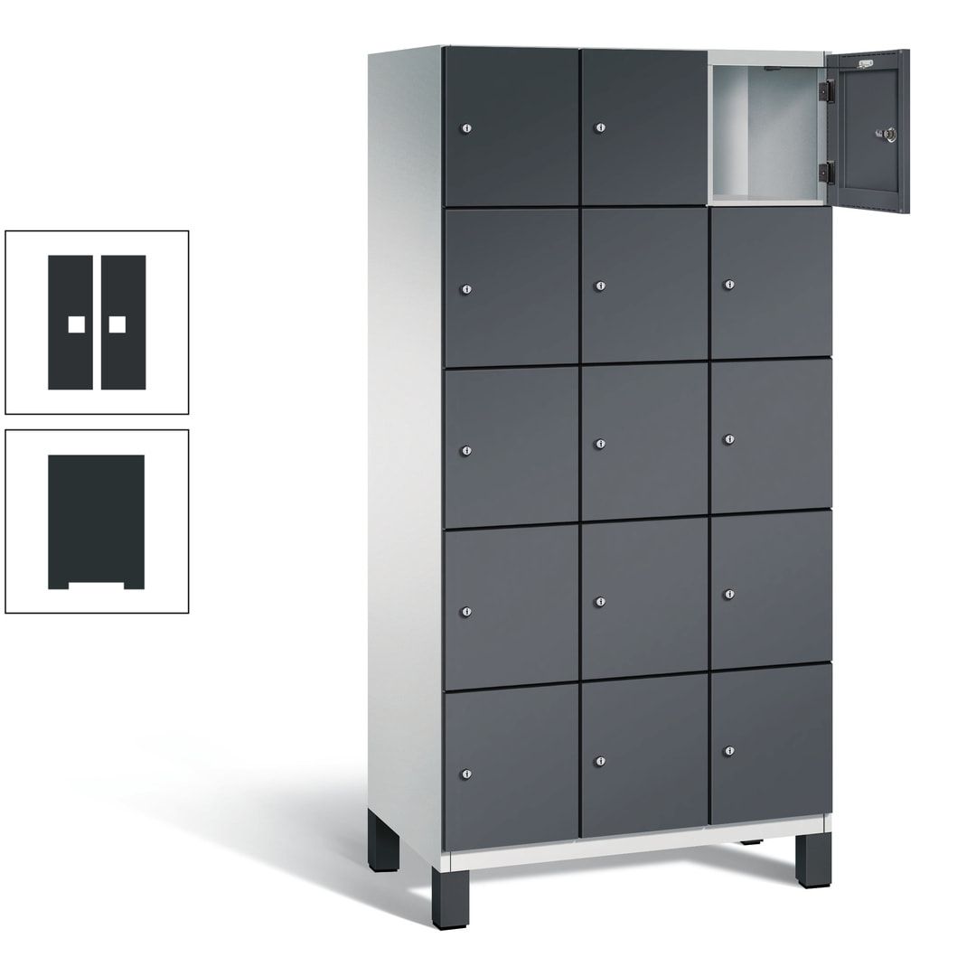 Fächerschrank, Stahlschrank, 15 Fächer, Türöffnungsbegrenzer, Füße, 1.980 x 900 x 525 mm (HxBxT), Korpus anthrazitgrau, Front anthrazitgrau