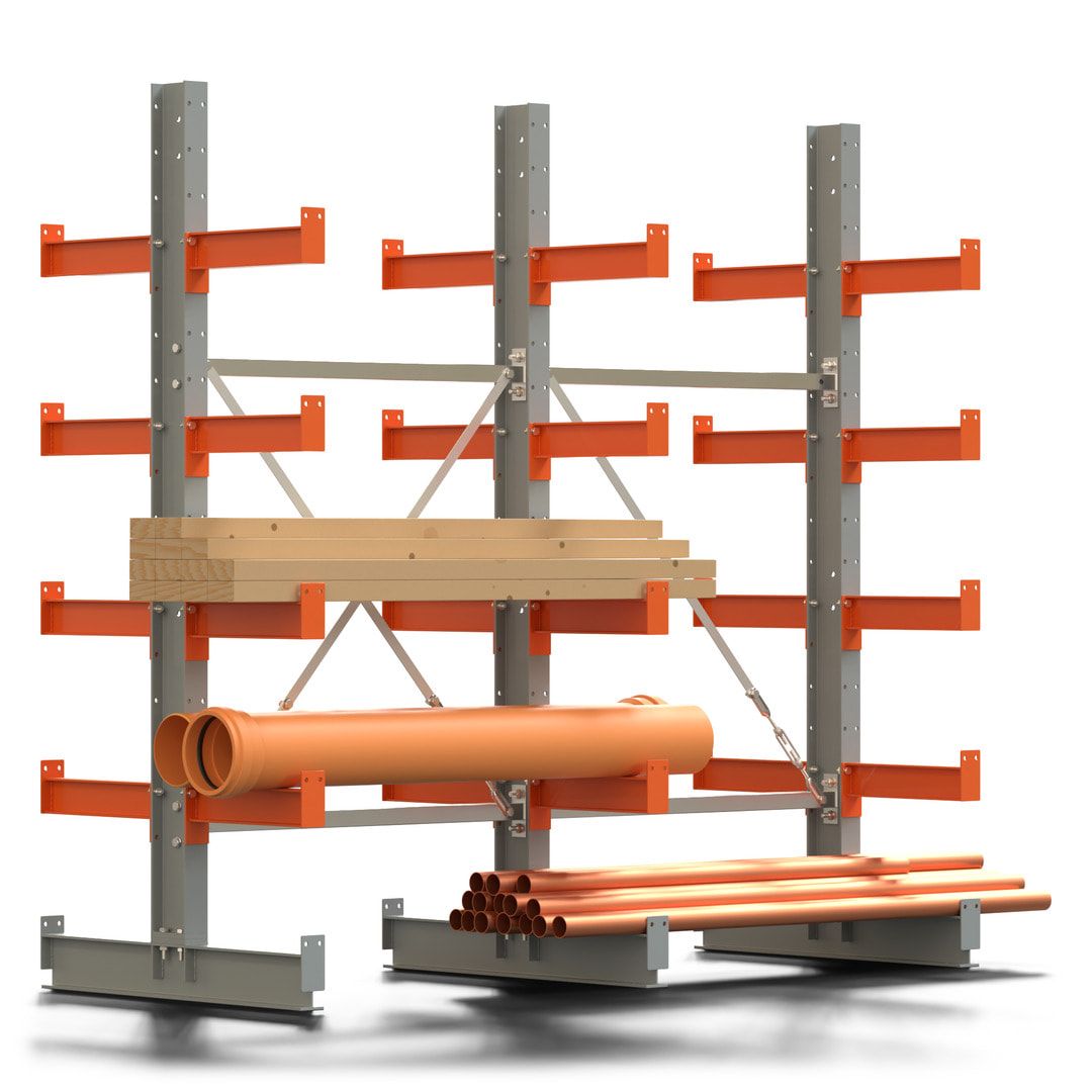 Doppelseitiges Kragarmregal, 2 Felder, 2.000 x 2.000 x 1.120 mm (HxBxT), Nutztiefe 500 mm, Kragarmlast 870 kg, KARL basic, silbergrau/reinorange
