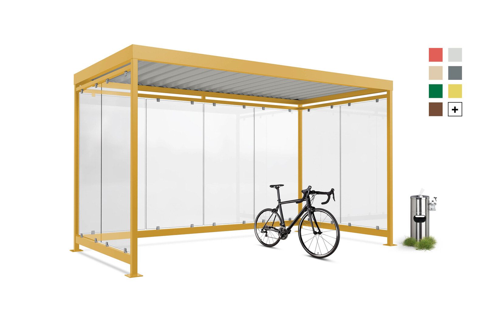 Fahrradunterstand, Raucherunterstand, Bausatz, 12-13 Personen, 2.510 x 4.195 x 2.165 mm (HxBxT), 8 Wände, Patinagrün