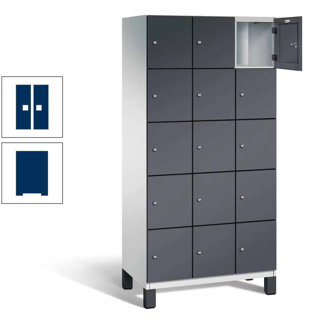 Fächerschrank, Stahlschrank, 15 Fächer, Türöffnungsbegrenzer, Füße, 1.980 x 900 x 525 mm (HxBxT), Korpus anthrazitgrau, Front anthrazitgrau