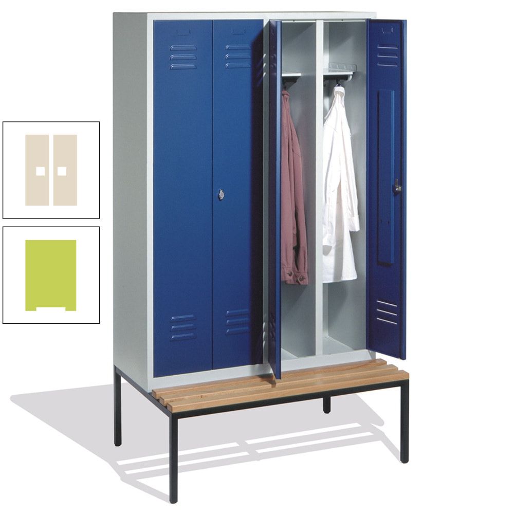 Doppel-Spindschrank, Buche Sitzbank untergebaut, 4 Abteile a 300 mm, Korpus lichtgrau, Tür anthrazitgrau, 2.090 x 1.190 x 815 mm (HxBxT)