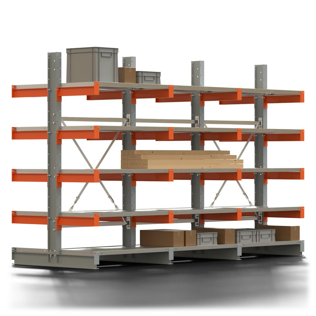 Doppelseitiges Kragarmregal mit Fachböden, 2 Felder, 2.000 x 2.000 (HxB), Nutztiefe 1.000 mm, Kragarmlast 450 kg, KARL basic, silbergrau/reinorange