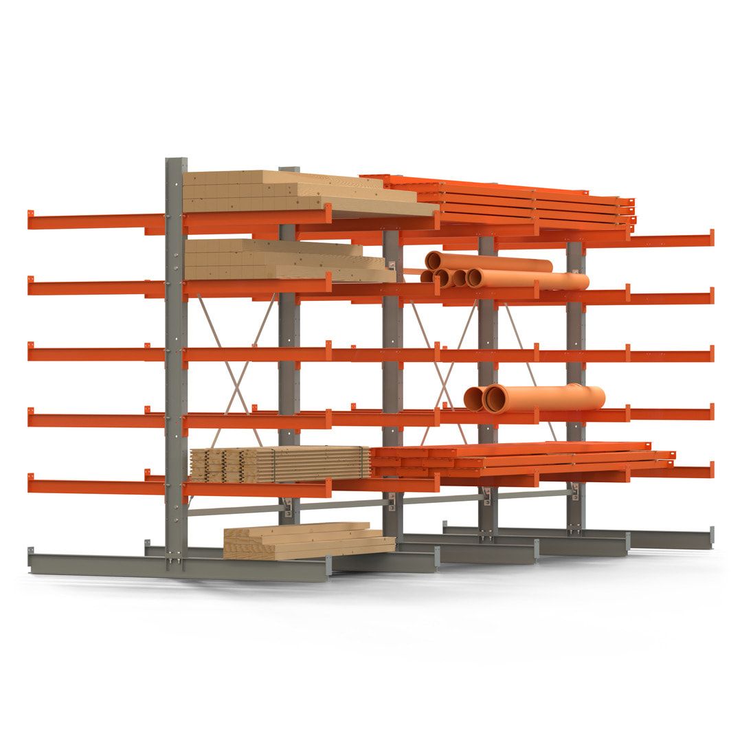 Doppelseitiges Kragarmregal, 2 Felder, 2.500 x 2.560 x 1.120 mm (HxBxT), Nutztiefe 500 mm, Kragarmlast 870 kg, KARL basic, silbergrau/reinorange