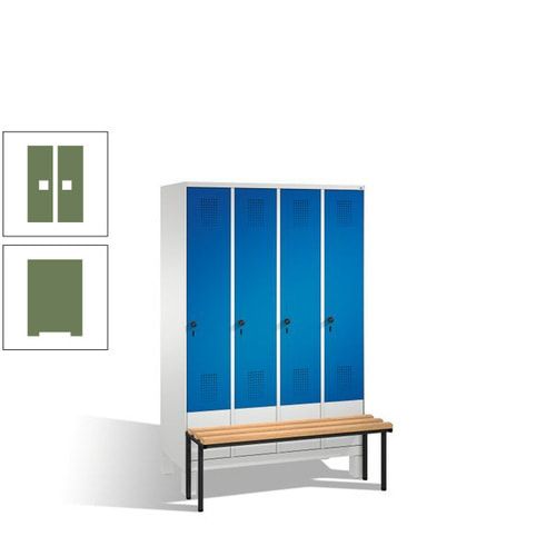 Stahl-Garderobenschrank, Spind, Buche Sitzbank vorgebaut, 4 Abteile a 300 mm, Korpus Lichtgrün, Tür Schwefelgelb, 1.850 x 1.200 x 815 mm (HxBxT)
