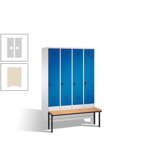 Stahl-Garderobenschrank, Spind, Buche Sitzbank vorgebaut, 4 Abteile a 300 mm, Korpus Lichtgrün, Tür Schwefelgelb, 1.850 x 1.200 x 815 mm (HxBxT)