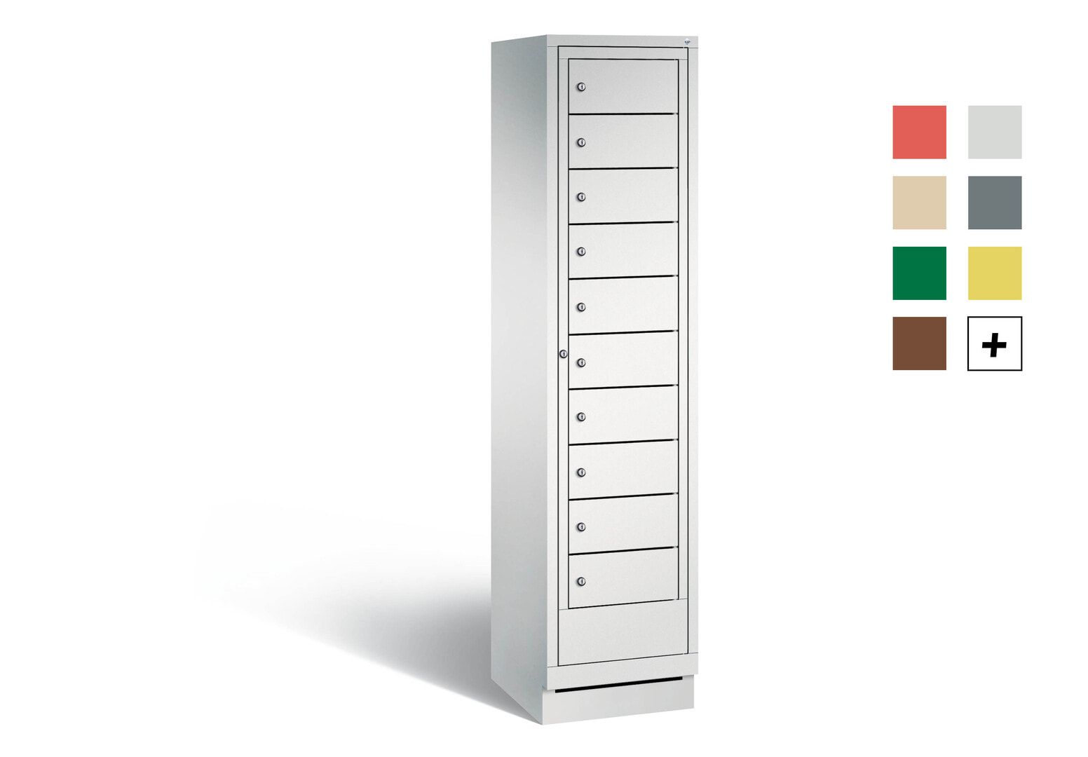 Wäscheschrank, Ausgabeschrank, Fächerschrank, Zentraltür, Sockel, 10 Fächer, Korpus Pastellgelb, Tür anthrazitgrau, 1.800 x 420 x 500 mm (HxBxT)