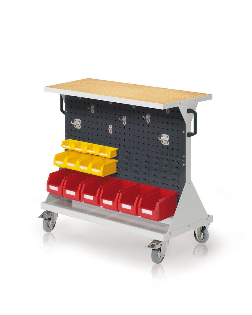 Mobiler Rollwagen, 2 Loch- und 2 Schlitzplatten, 10 Halter und 14 Sichtlagerkästen, Multiplex-Boden, 930 x 1.000 x 500 mm (HxBxT), Anthrazitgrau