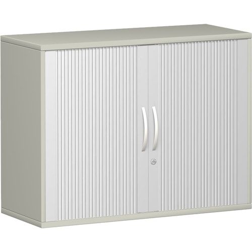 Anstell-Querrollladenschrank, Dekoreinlageboden, Stellfüße, abschließbar, 720 x 1.000 x 425 mm (HxBxT), Korpusfarbe Ahorn, Frontfarbe silber